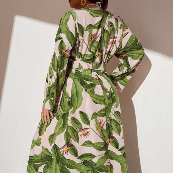 Green Boho Womens Tropical Print Belted Kimono - Picture 6 of 7